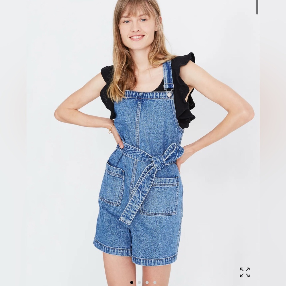 Madewell Denim Tie-Waist Patch Pocket Short Overalls Size Medium